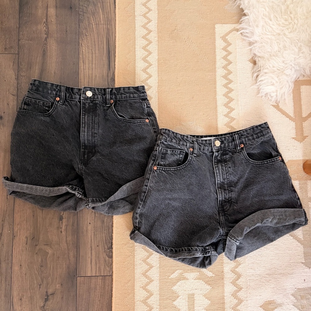 Zara High Rise Mom Jean Shorts Black Washed Denim Two Pairs